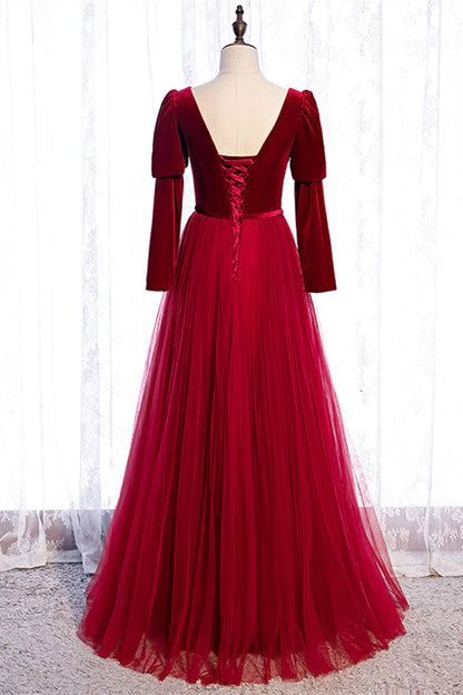Long Sleeves A-Line Velvet And Tulle Party Prom Dress