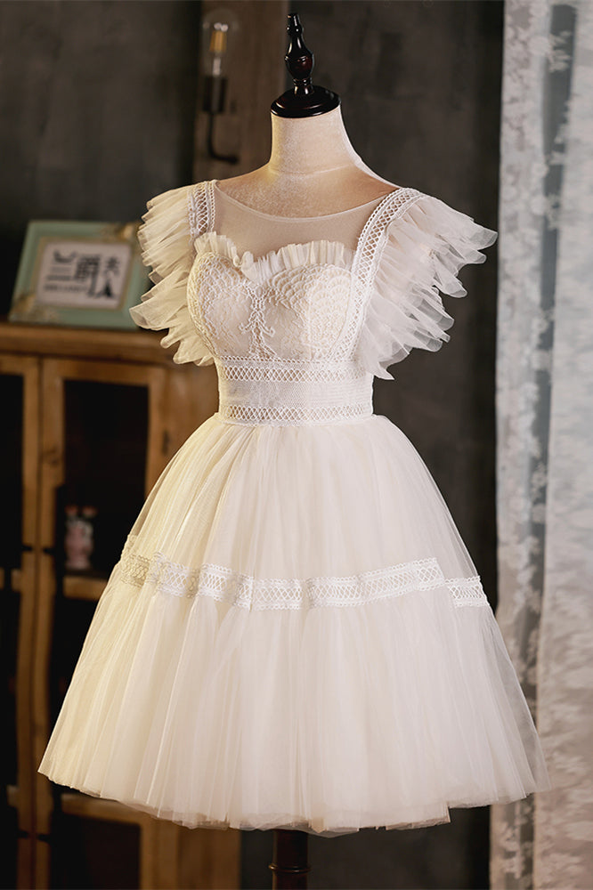 Champagne Flutter Sleeves Lace Ruffles Homecoming Dress