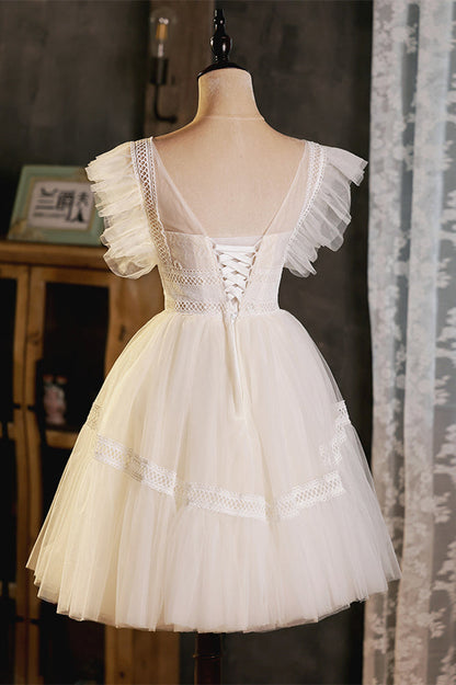 Champagne Flutter Sleeves Lace Ruffles Homecoming Dress