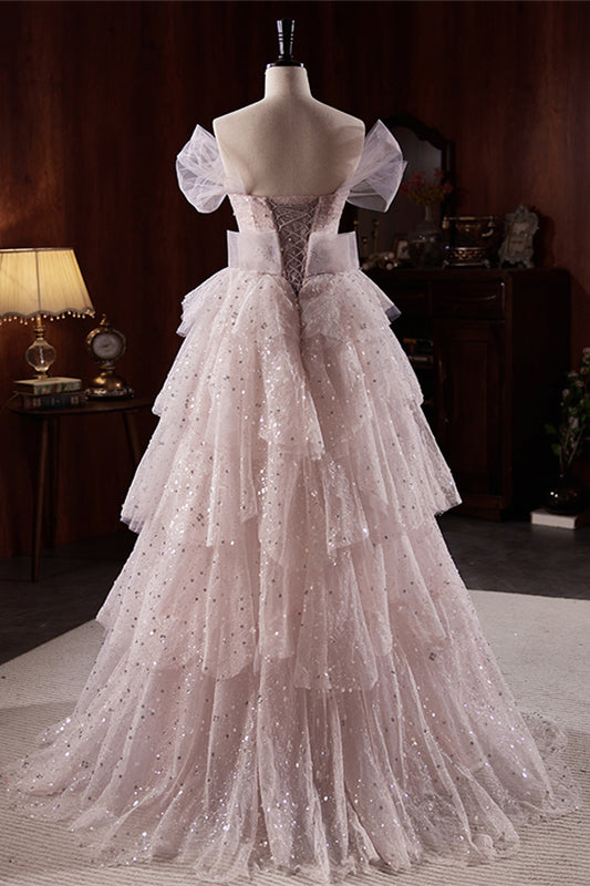 Pink Purple Off-the-Shoulder Beaded Multi-Layers Maxi Formal Dress