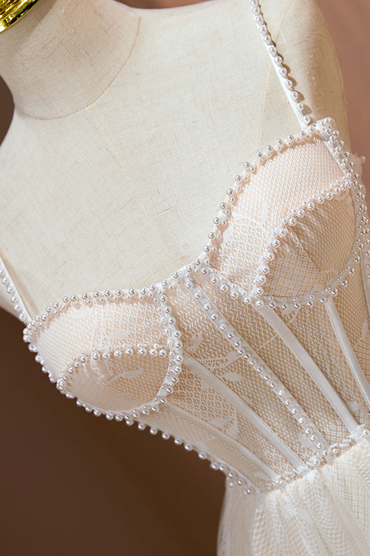 Blush Pink Beaded Straps Lace Ruffles Homecoming Dress