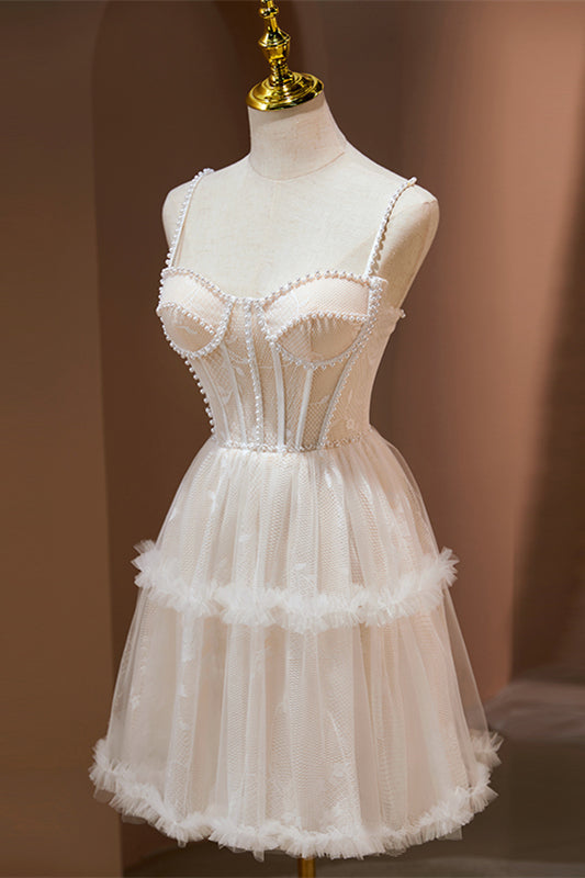 Blush Pink Beaded Straps Lace Ruffles Homecoming Dress