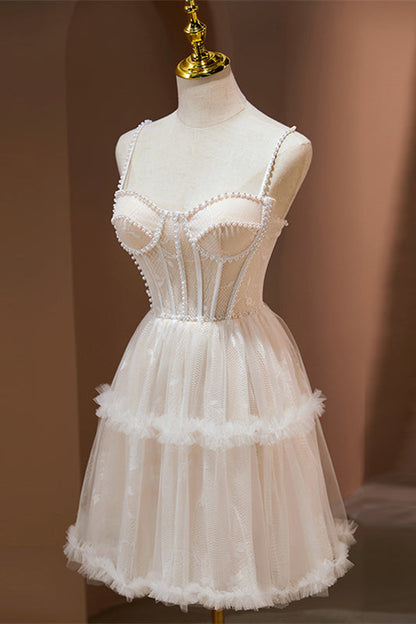 Blush Pink Beaded Straps Lace Ruffles Homecoming Dress