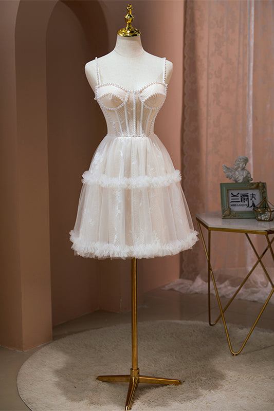 Blush Pink Beaded Straps Lace Ruffles Homecoming Dress