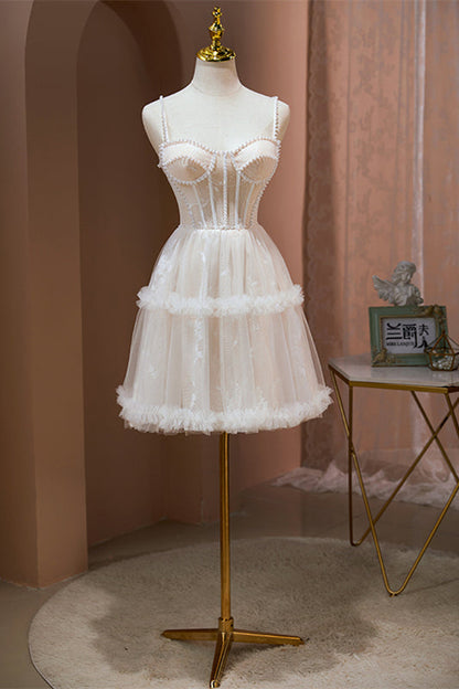 Blush Pink Beaded Straps Lace Ruffles Homecoming Dress