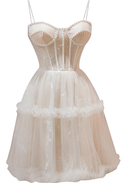 Blush Pink Beaded Straps Lace Ruffles Homecoming Dress