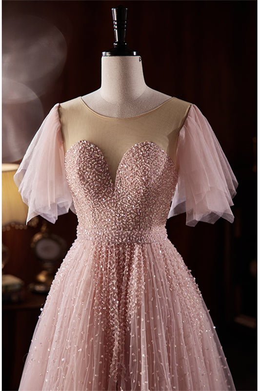 Pink Illusion Jewel Flaunting Sleeves Beaded Maxi Formal Dress