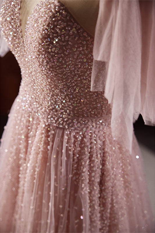 Pink Illusion Jewel Flaunting Sleeves Beaded Maxi Formal Dress