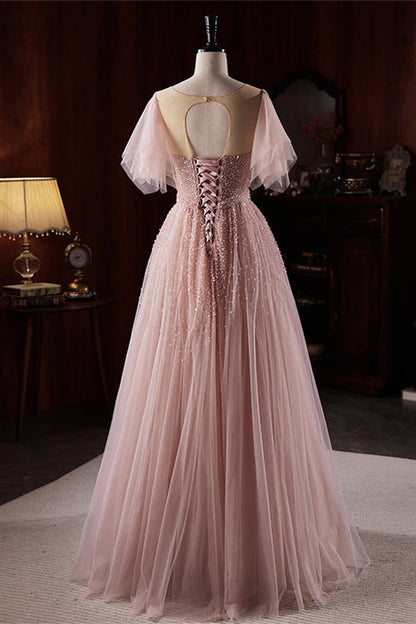 Pink Illusion Jewel Flaunting Sleeves Beaded Maxi Formal Dress