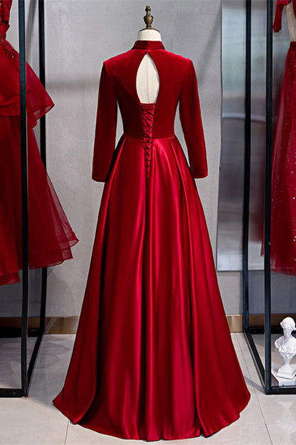 Velvet A-Line High Neck Long Sleeves Party Prom Dress