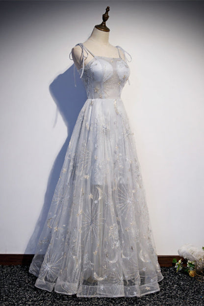 Sheer Tulle A-Line Square Straps Long Party Prom Dress