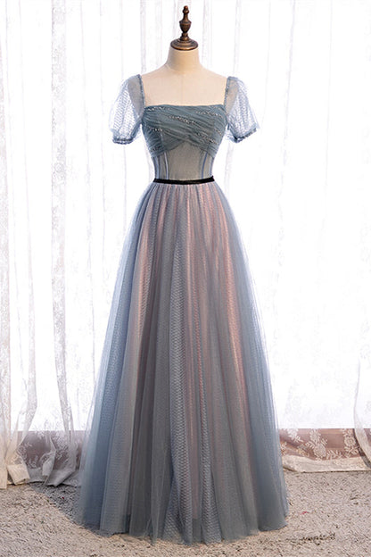 Tulle A-Line Square Short Sleeves Floor-Length Party Prom Dress