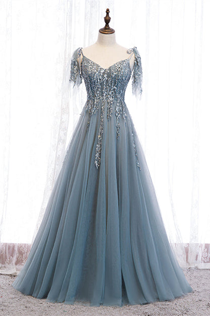 V-Neck Straps Appliques Tulle A-Line Party Prom Dress