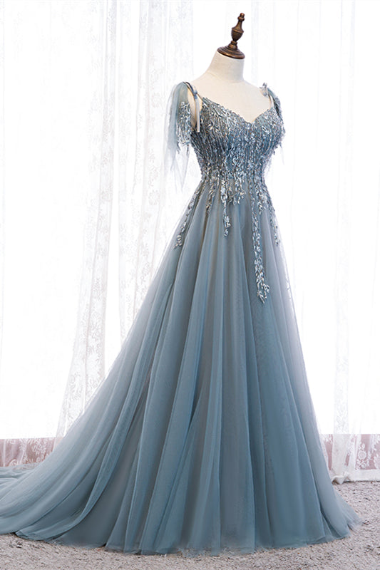 V-Neck Straps Appliques Tulle A-Line Party Prom Dress