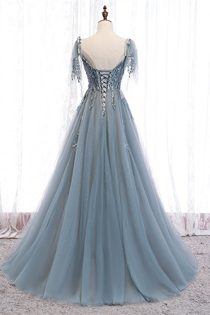 V-Neck Straps Appliques Tulle A-Line Party Prom Dress