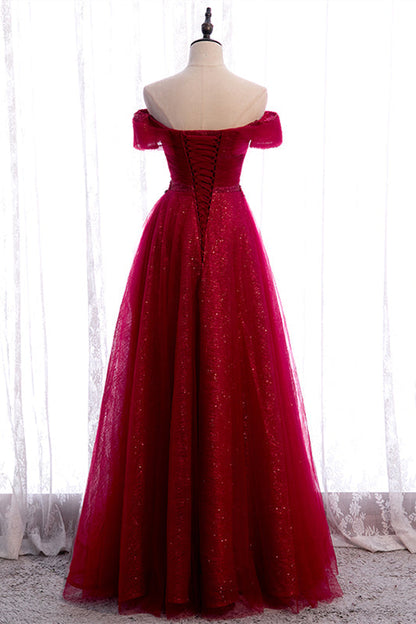 Elegant A-Line Off-Shoulder Lace Up Sparkly Party Prom Dress