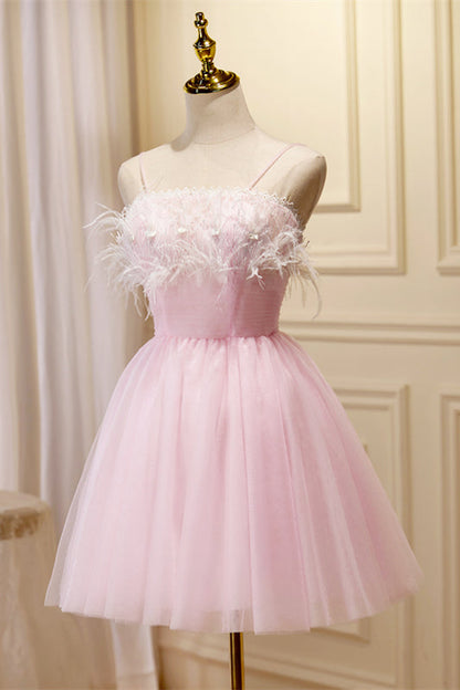 Champagne Feathers Straps Pleated Tulle Homecoming Dress