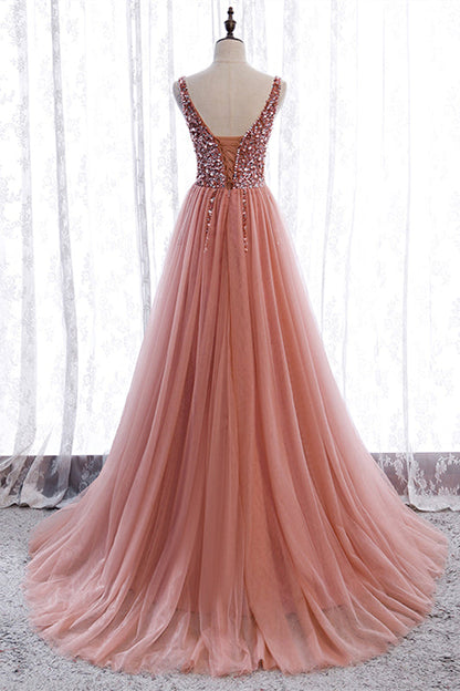 Low V-Neck Sleeveless Tulle A-Line Appliques Party Prom Dress