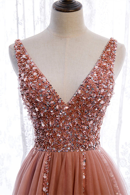 Low V-Neck Sleeveless Tulle A-Line Appliques Party Prom Dress