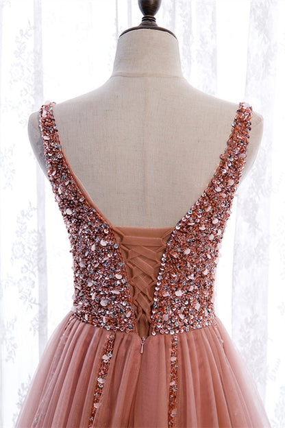 Low V-Neck Sleeveless Tulle A-Line Appliques Party Prom Dress