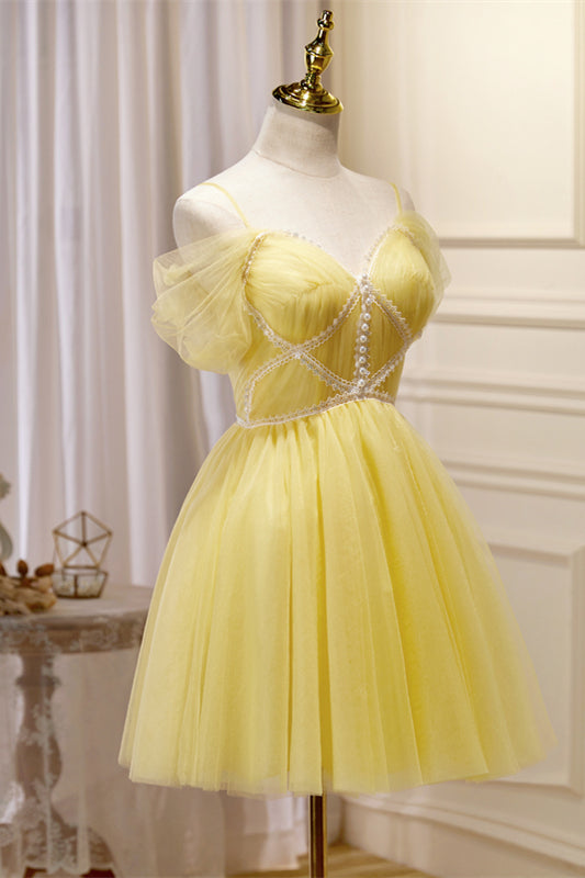 Yellow Off-the-Shoulder Lace Beaded Straps Homecoming Dress