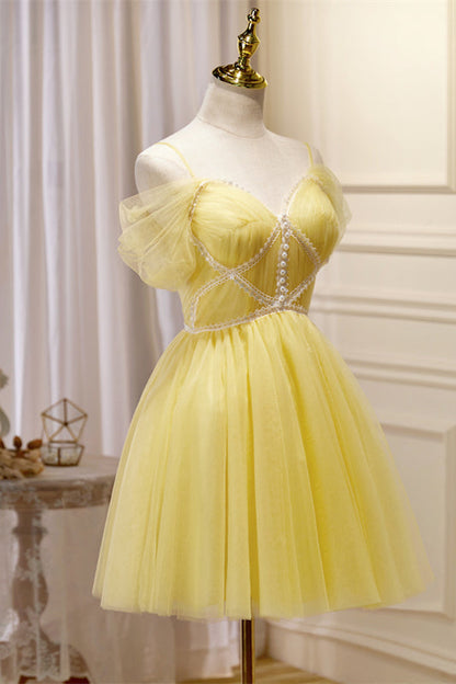 Yellow Off-the-Shoulder Lace Beaded Straps Homecoming Dress