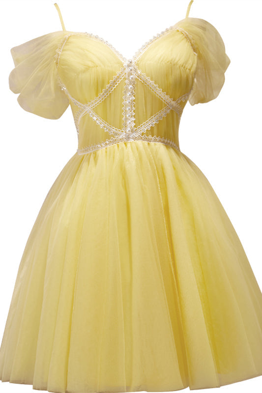 Yellow Off-the-Shoulder Lace Beaded Straps Homecoming Dress
