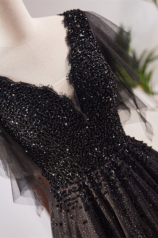 Black Deep V Neck Flaunting Sleeves Beaded Maxi Formal Dress