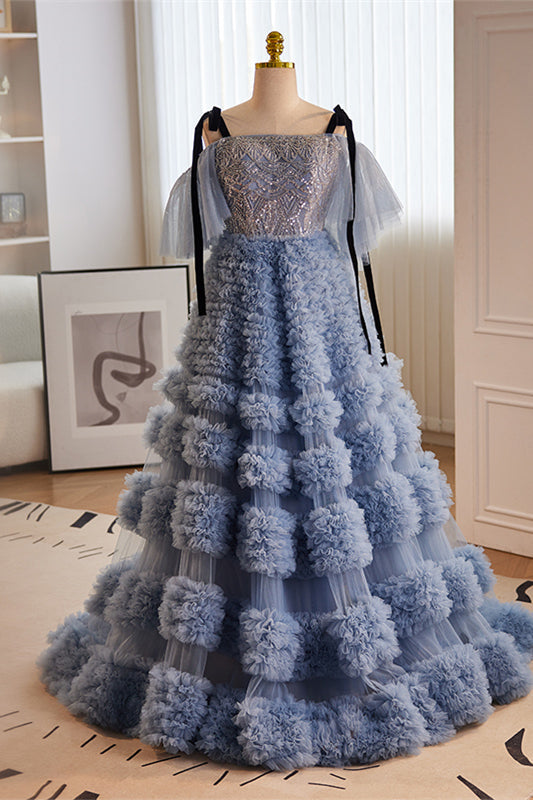 Dusty Blue Off-Shoulder Straps Sequined A-line Ruffle Layers Long Prom Dress