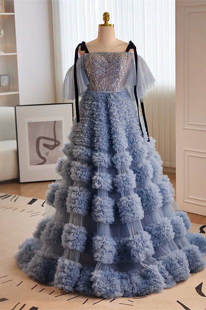 Dusty Blue Off-Shoulder Straps Sequined A-line Ruffle Layers Long Prom Dress