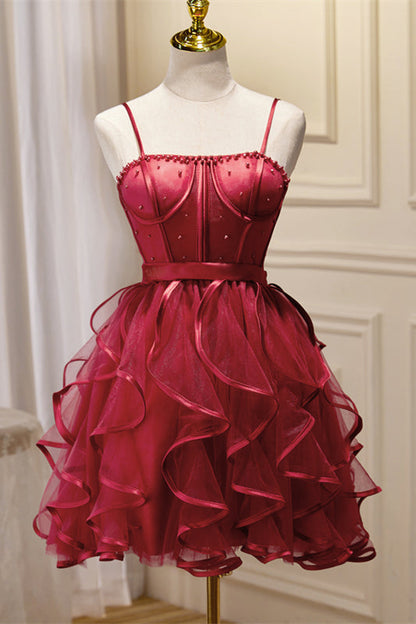 Black Straps Beaded Ruffle-Layers Tulle Homecoming Dress