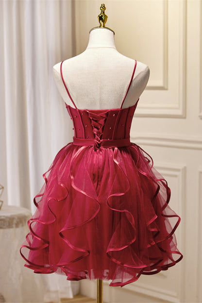 Black Straps Beaded Ruffle-Layers Tulle Homecoming Dress