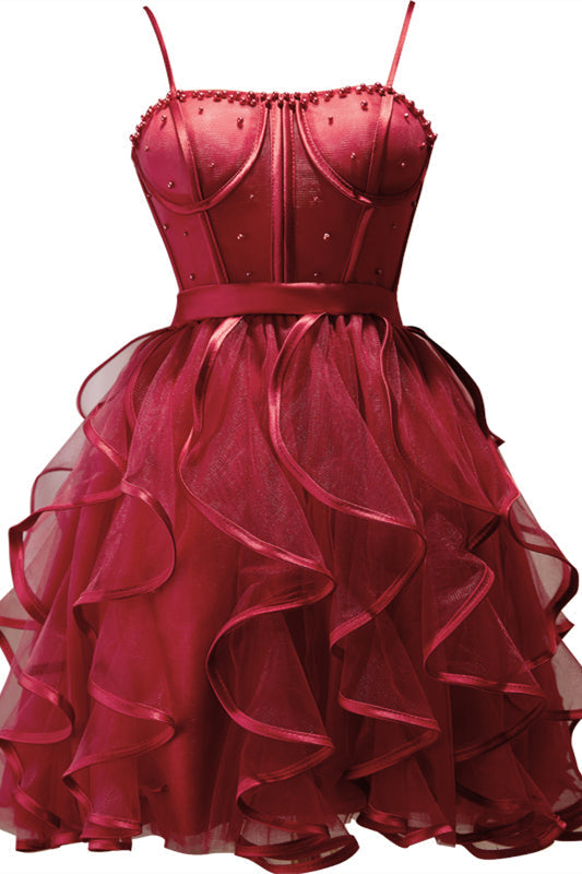 Black Straps Beaded Ruffle-Layers Tulle Homecoming Dress