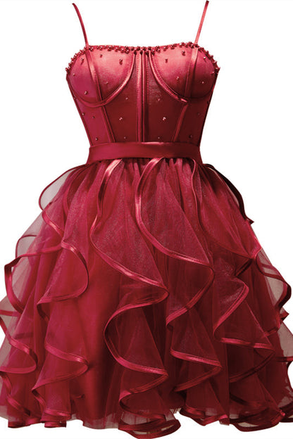Black Straps Beaded Ruffle-Layers Tulle Homecoming Dress