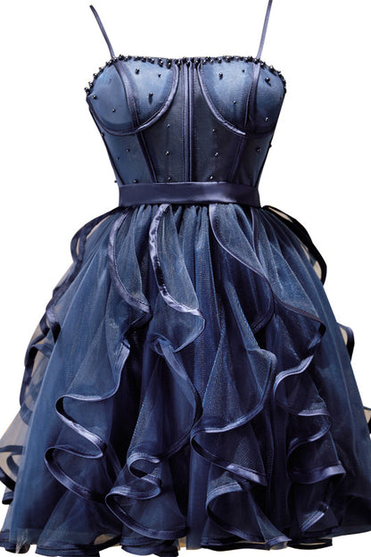 Black Straps Beaded Ruffle-Layers Tulle Homecoming Dress