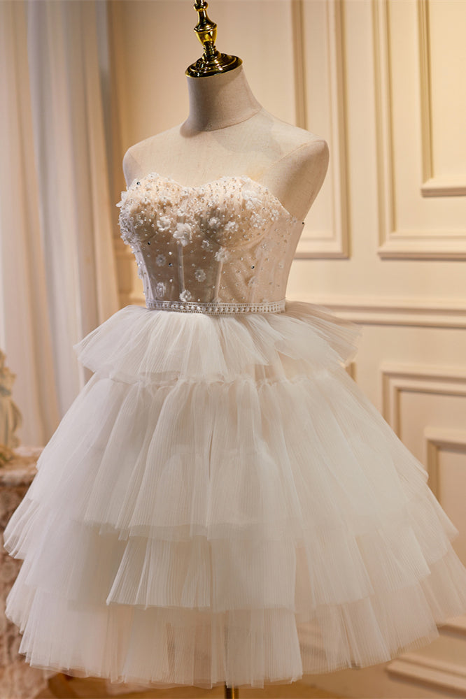 Champagne Strapless Beaded Appliques Multi-Layers Homecoming Dress