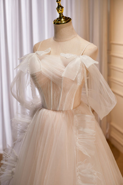 Champagne Off-the-Shoulder Beaded Bows Ruffle Long Prom Dress