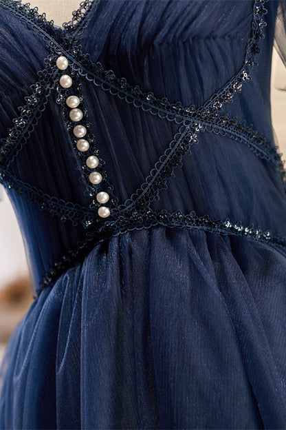 Navy Blue Off-the-Shoulder Beaded Pleated Homecoming Dress