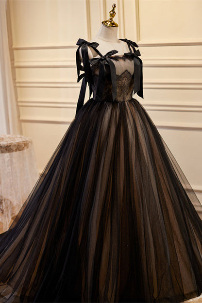 Black Bow Ties Lace Tulle Long Prom Dress