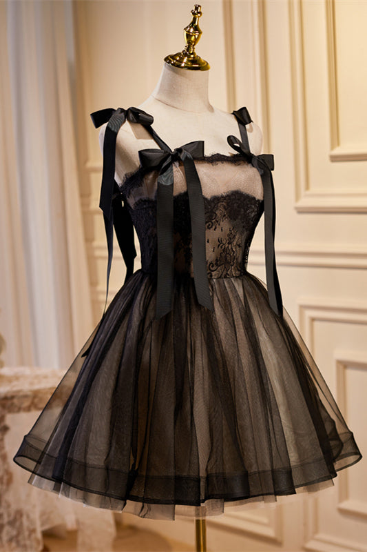 Black Bow Ties Lace Tulle Homecoming Dress