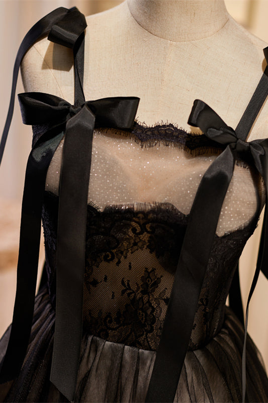 Black Bow Ties Lace Tulle Homecoming Dress