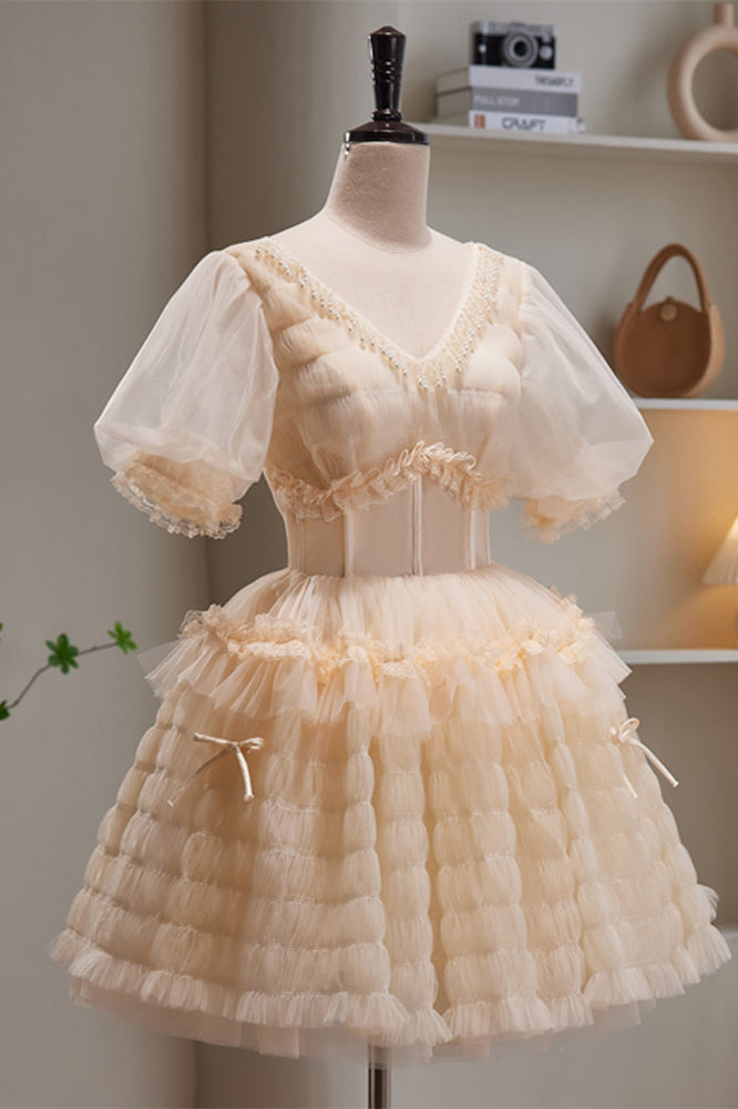 Champagne V Neck Puff Sleeves Beaded Ruffles Homecoming Dress
