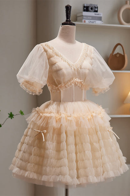 Champagne V Neck Puff Sleeves Beaded Ruffles Homecoming Dress