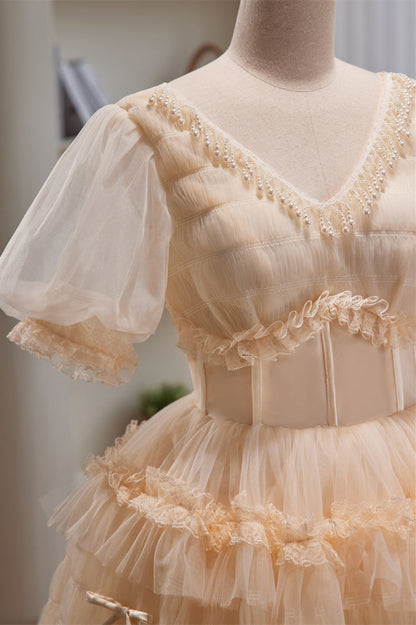 Champagne V Neck Puff Sleeves Beaded Ruffles Homecoming Dress