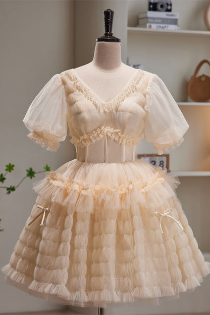 Champagne V Neck Puff Sleeves Beaded Ruffles Homecoming Dress