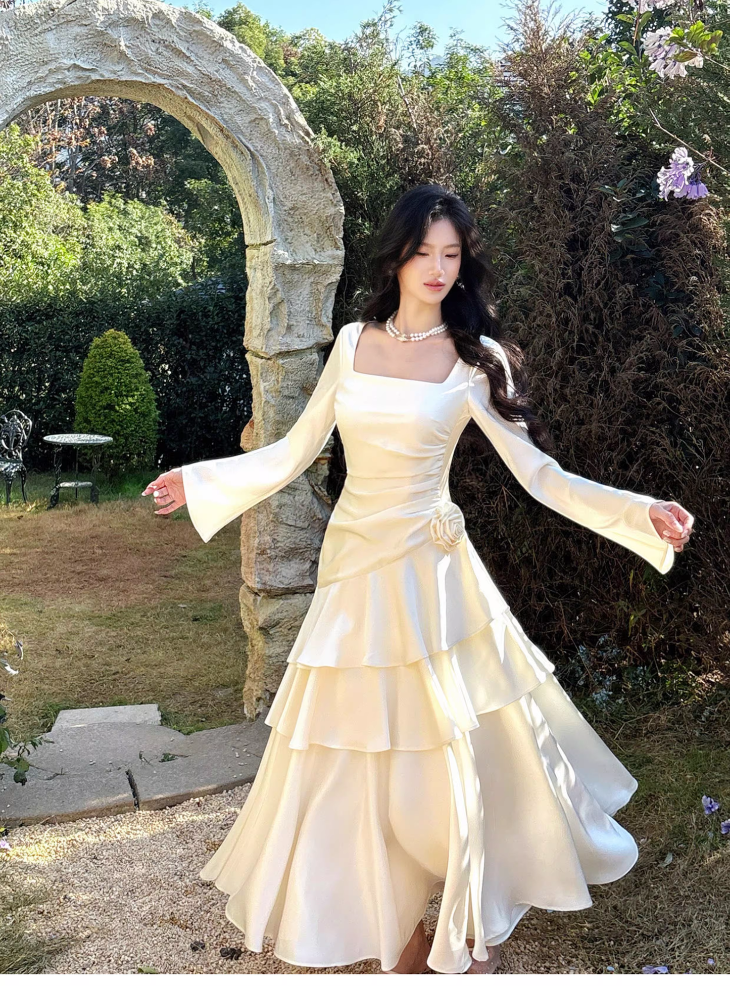 Elegant White Square Neck Satin Layered Ruffles Mermaid Long Evening Dress Birthday Dress SP1646