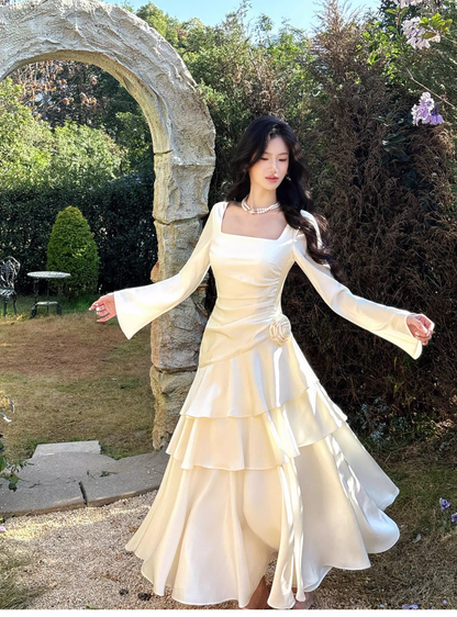 Elegant White Square Neck Satin Layered Ruffles Mermaid Long Evening Dress Birthday Dress SP1646