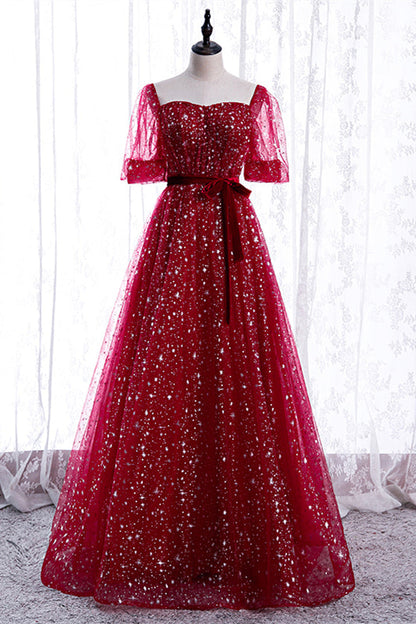 Red Sweetheart Short Sleeves A-Line Sparkly Party Prom Dress