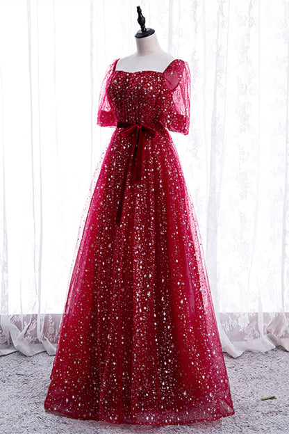 Red Sweetheart Short Sleeves A-Line Sparkly Party Prom Dress