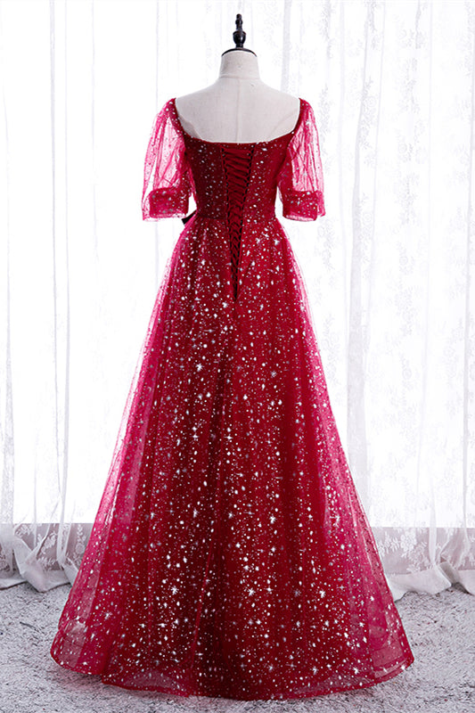 Red Sweetheart Short Sleeves A-Line Sparkly Party Prom Dress